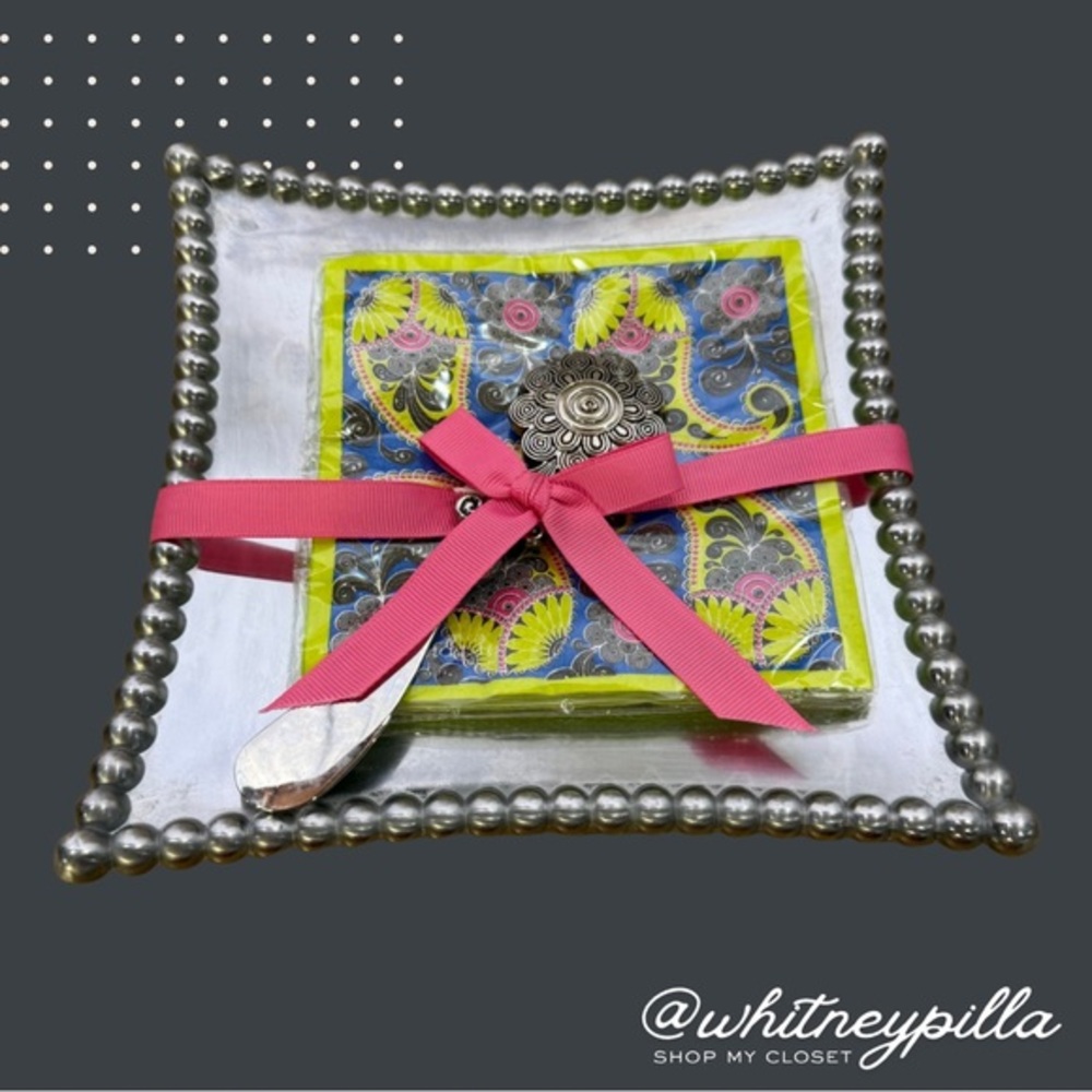3/$20 Mud Pie Gift Metal Beaded Napkin Tray Set with Paisley Napkins & Spreader